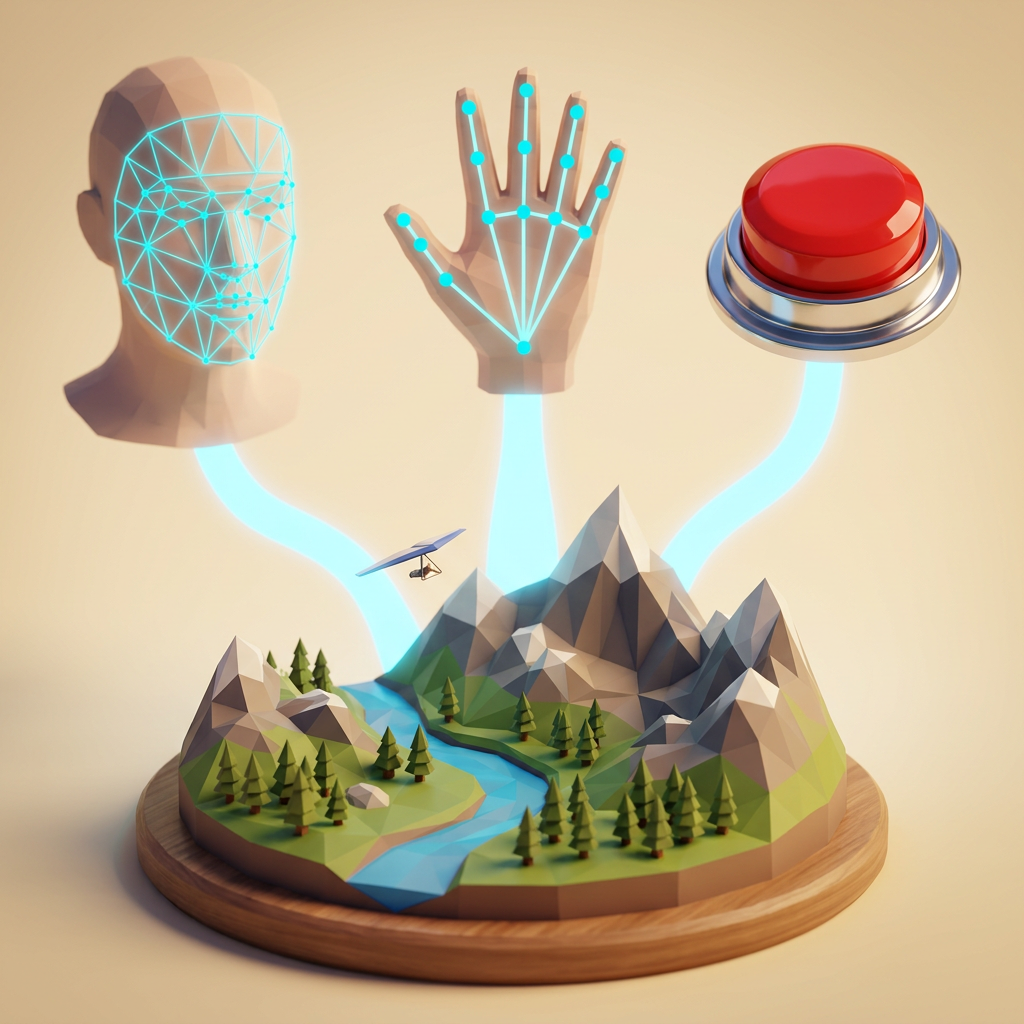 Low-poly face, hand, and single-switch button sending glowing streams into a 3D game scene